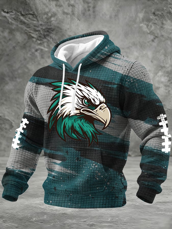 Men's Football Print Checkered Fabric Hooded Sweatshirt