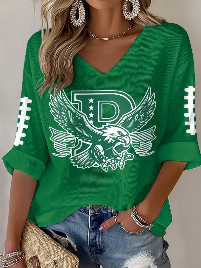 Women's Rugby Print Waffle Long Sleeve T-Shirt