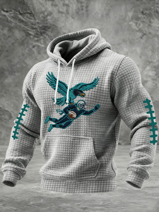 Men's Football Print Checkered Fabric Hooded Sweatshirt