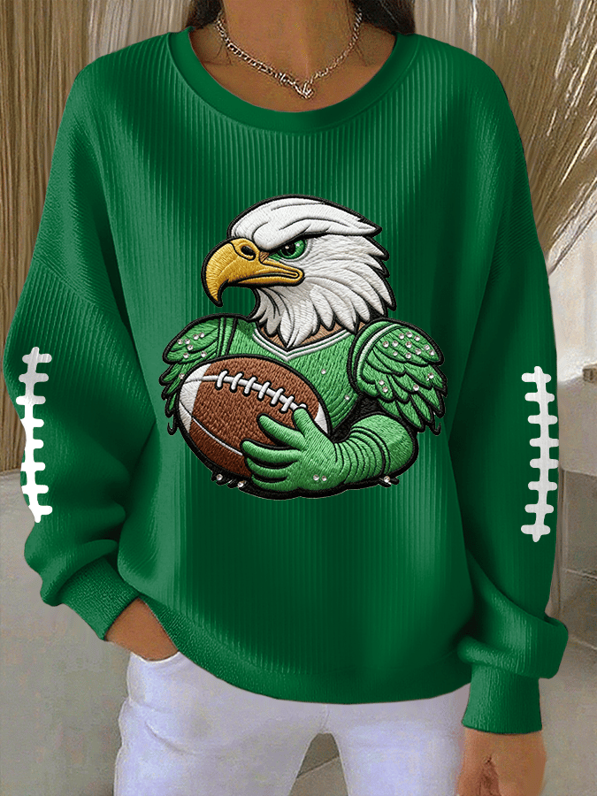 Women's Football Print Knit Crew Neck Long Sleeve Top