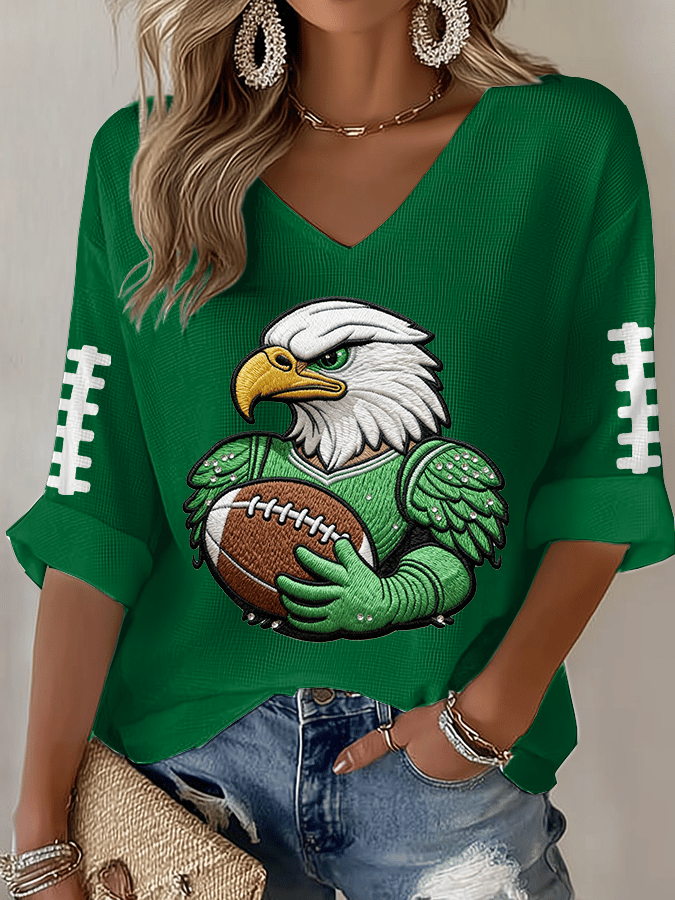 Women's Football Print Waffle Long Sleeve T-Shirt