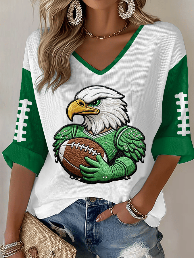 Women's Football Print Waffle Long Sleeve T-Shirt
