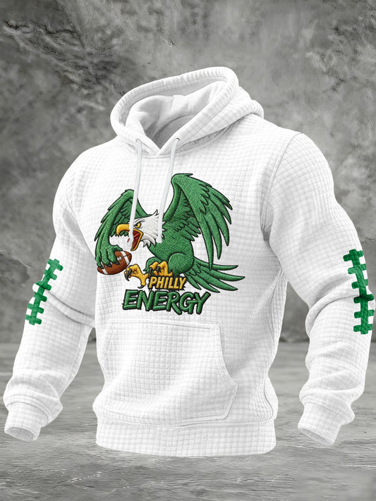 Men's Football Print Checkered Fabric Hooded Sweatshirt