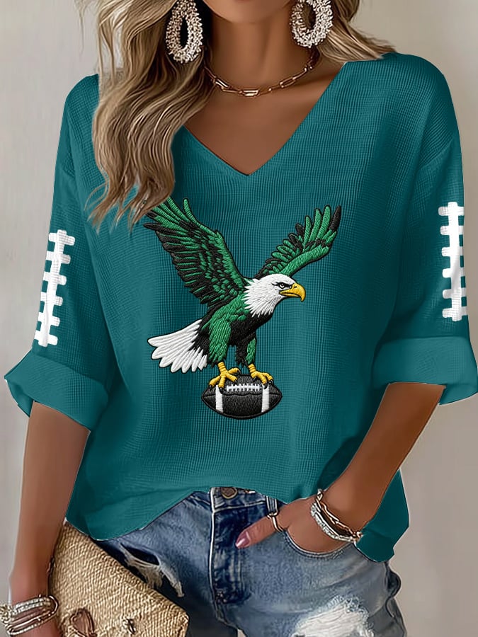 Women's Rugby Print Waffle Long Sleeve T-Shirt