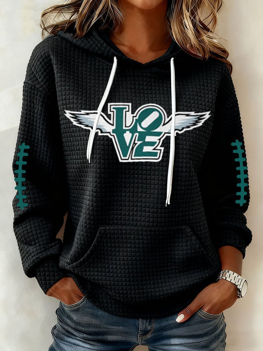 Women's Football Print Waffle Fabric Hooded Sweatshirt