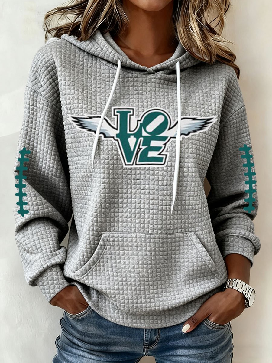 Women's Football Print Waffle Fabric Hooded Sweatshirt