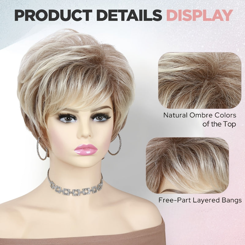 Short Ombre Blonde Wigs Pixie Cut Wig with Bangs, Glueless