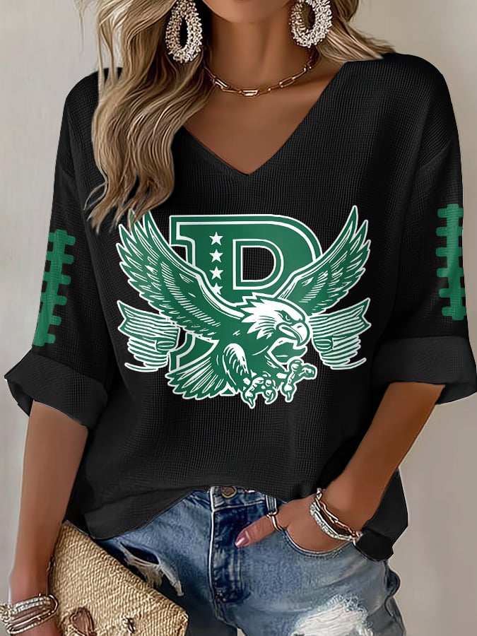 Women's Rugby Print Waffle Long Sleeve T-Shirt