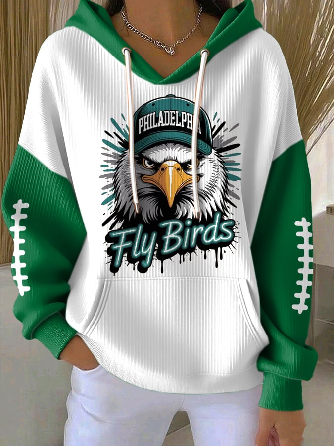 Women's Casual Rugby Print Long-Sleeve Hooded Sweatshirt