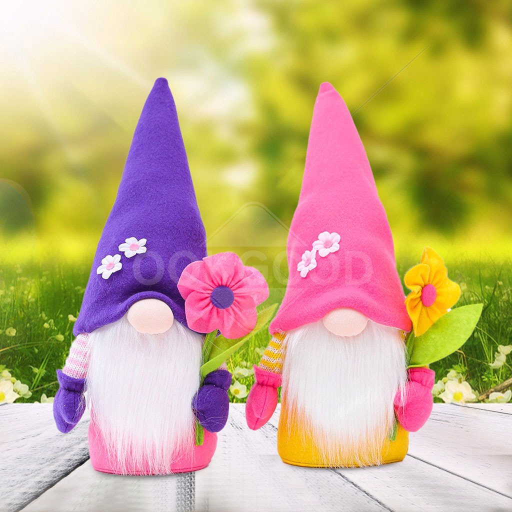 Handmade Plush Gnome With Flowers For Spring Gift