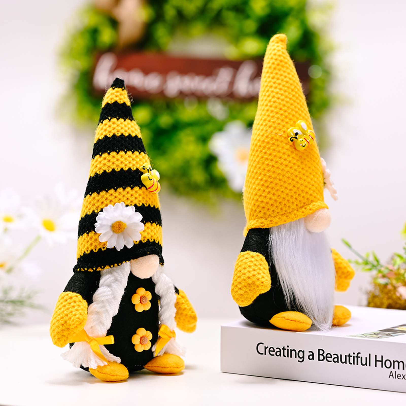 Spring Bee Gnome Couple Wearing Knitted Hat