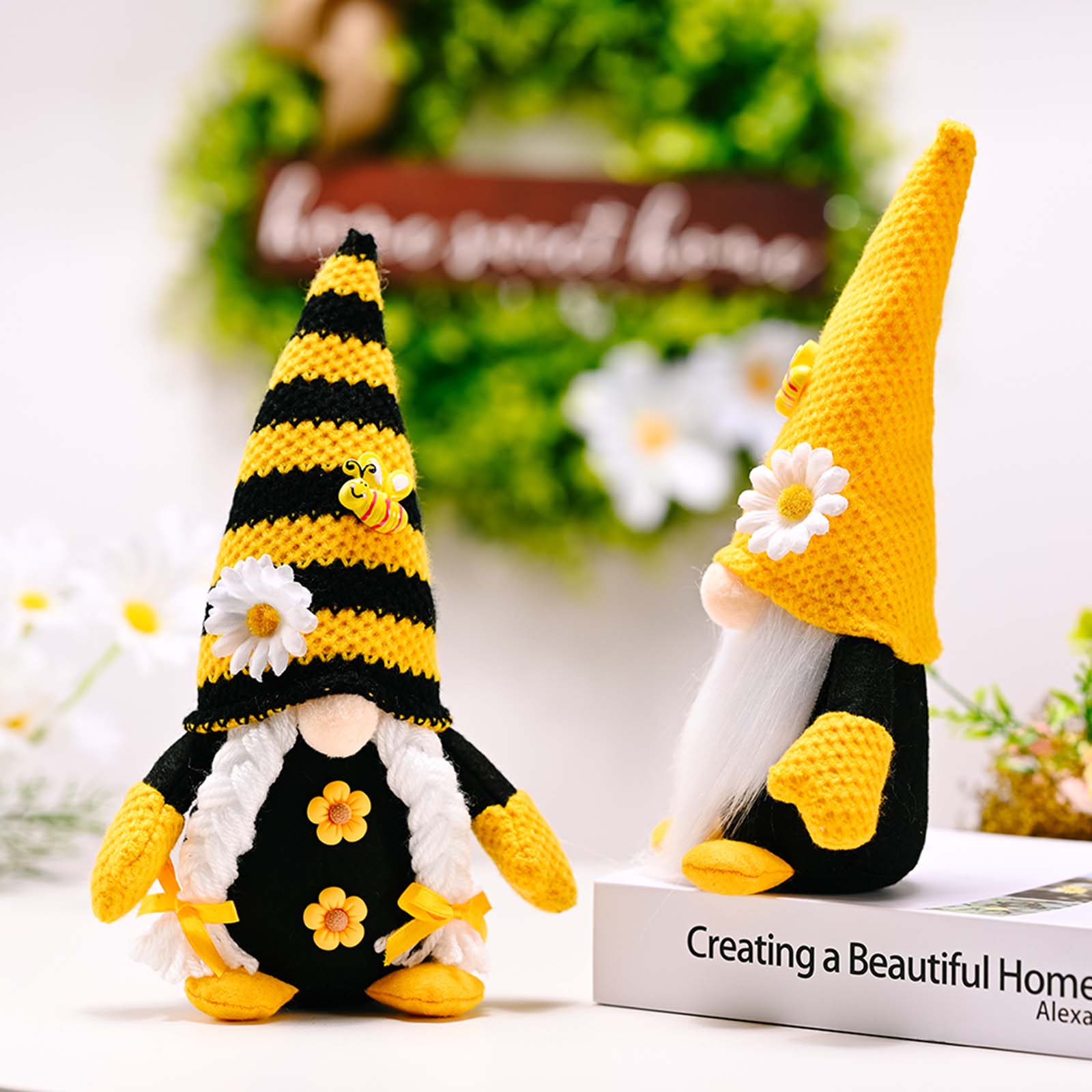 Spring Bee Gnome Couple Wearing Knitted Hat