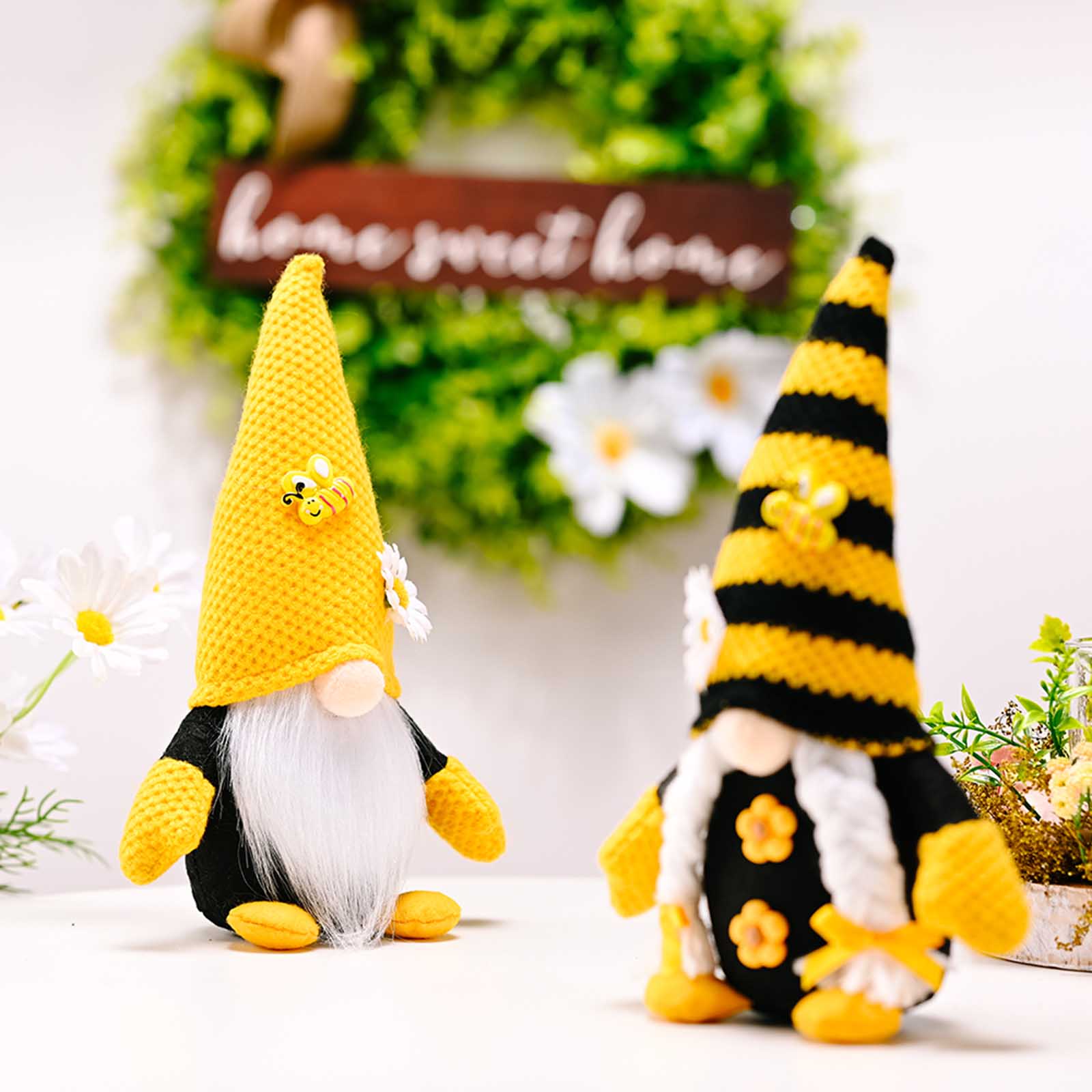 Spring Bee Gnome Couple Wearing Knitted Hat