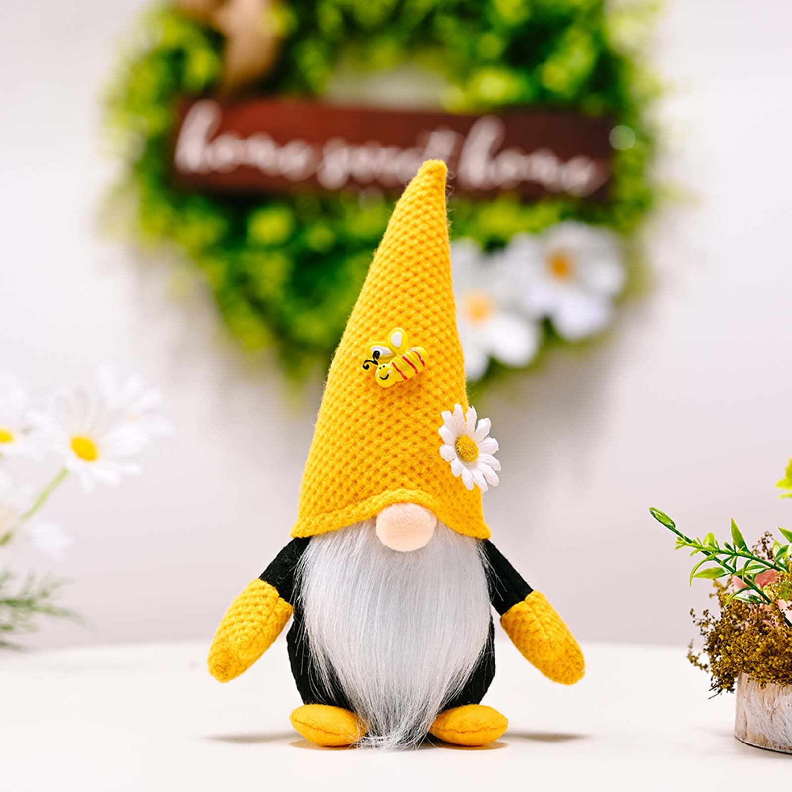 Spring Bee Gnome Couple Wearing Knitted Hat