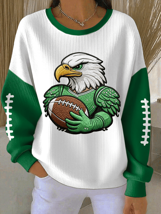 Women's Football Print Knit Crew Neck Long Sleeve Top