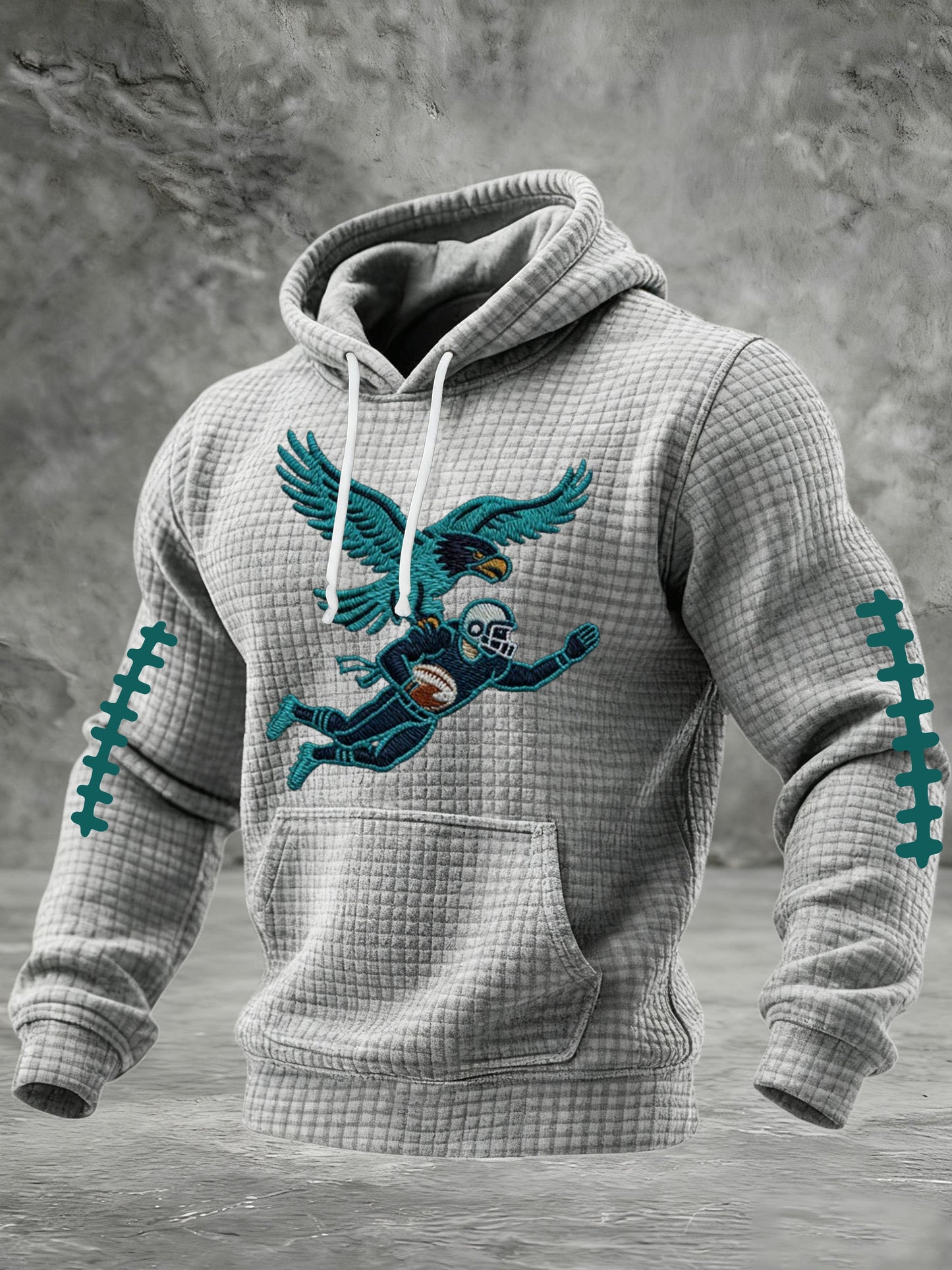 Men's Football Print Checkered Fabric Hooded Sweatshirt