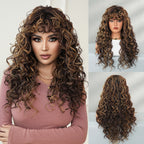 Curly Brown Wig With Highlights, Long Hair