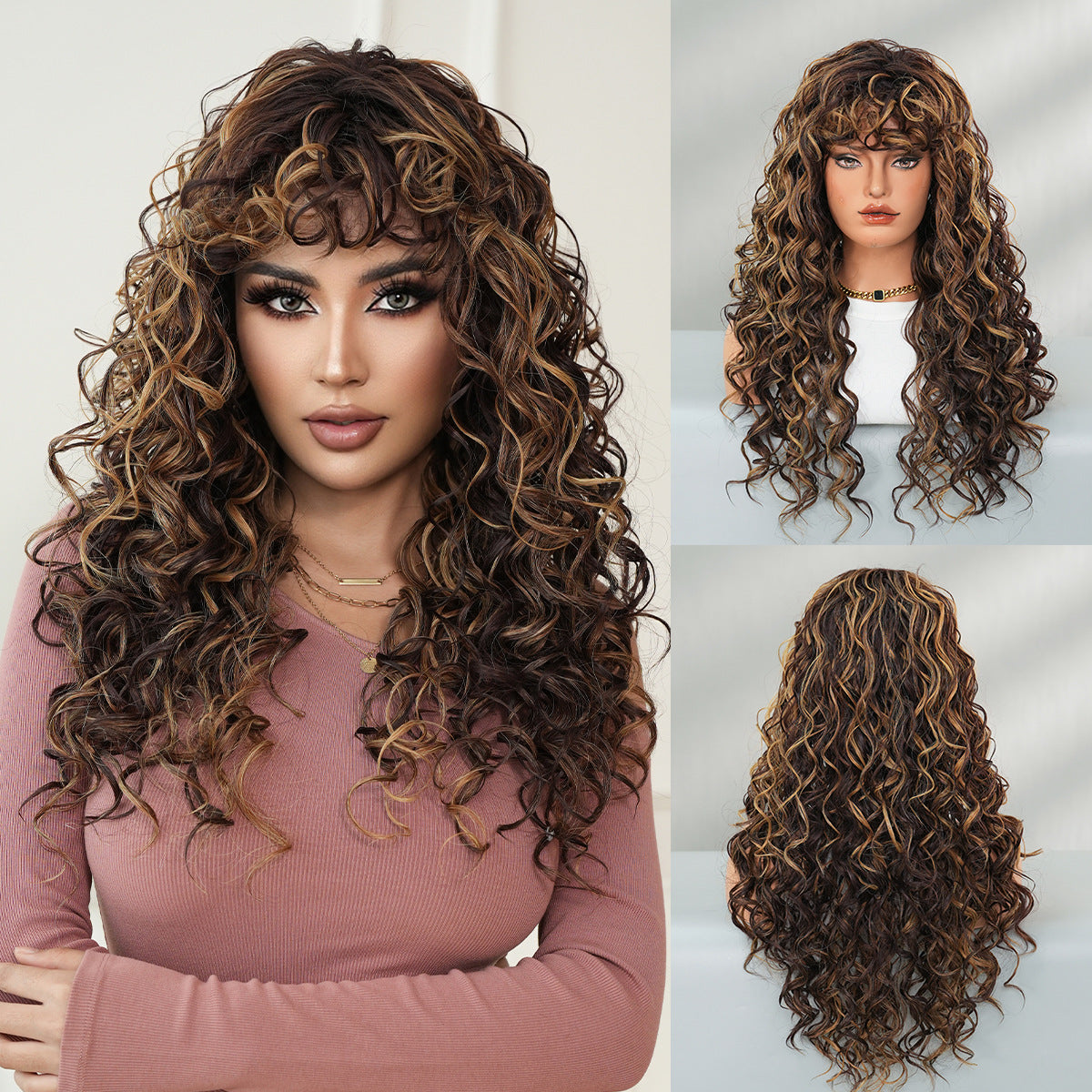 Curly Brown Wig With Highlights, Long Hair