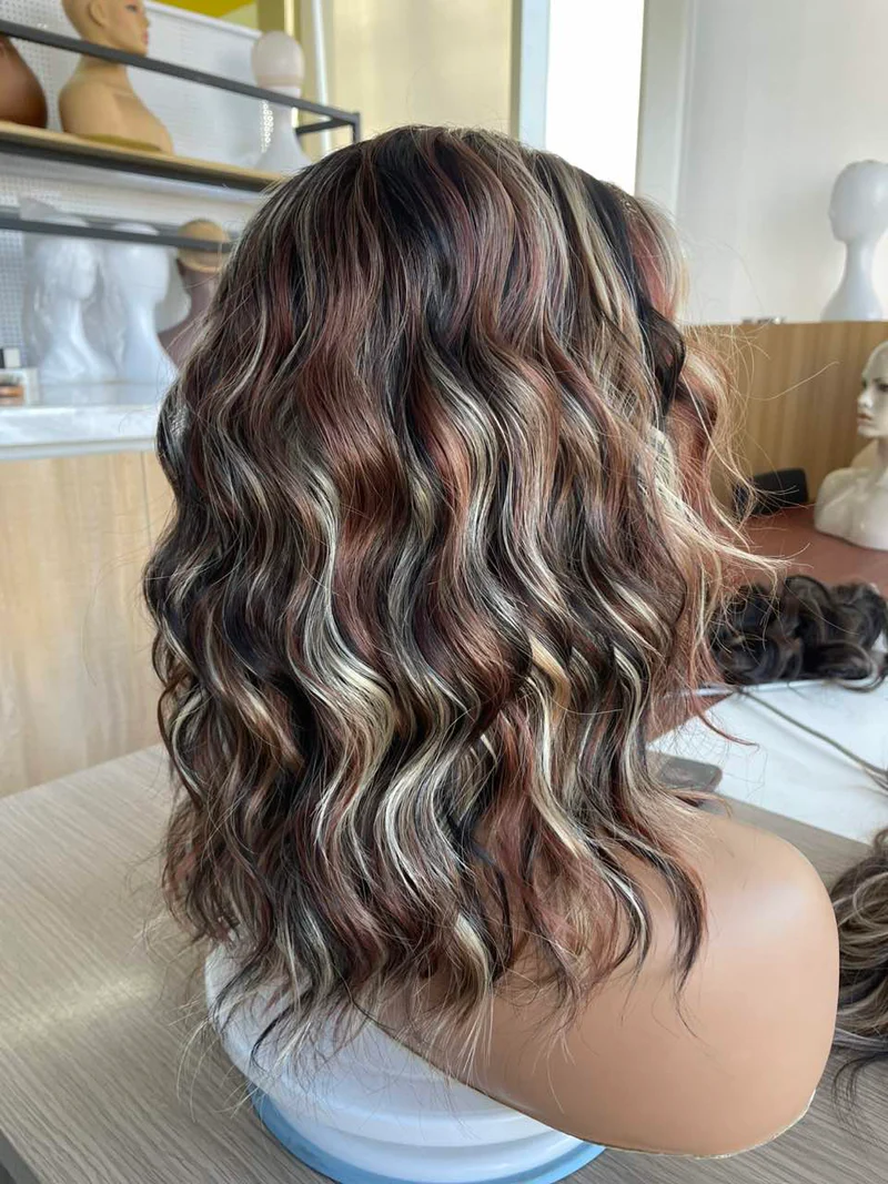 Reddish & Tea Black Platium Blonde Highlight Short Wavy Curly Hairstyle