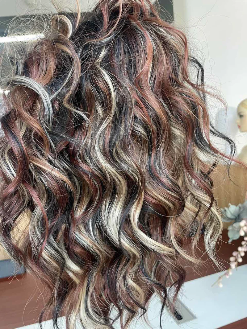 Reddish & Tea Black Platium Blonde Highlight Short Wavy Curly Hairstyle