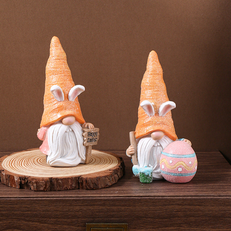 Set of 2 Easter Bunny Gnome Figurines with Carrot Hats