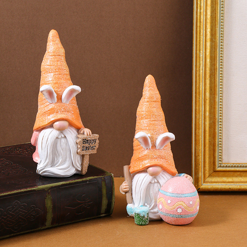 Set of 2 Easter Bunny Gnome Figurines with Carrot Hats