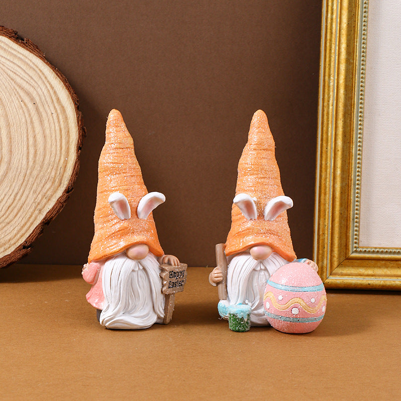 Set of 2 Easter Bunny Gnome Figurines with Carrot Hats