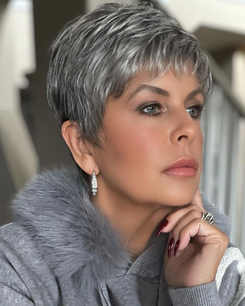 Pixie Cut Straight Layered Hair Gray Salt and Pepper Short Wigs