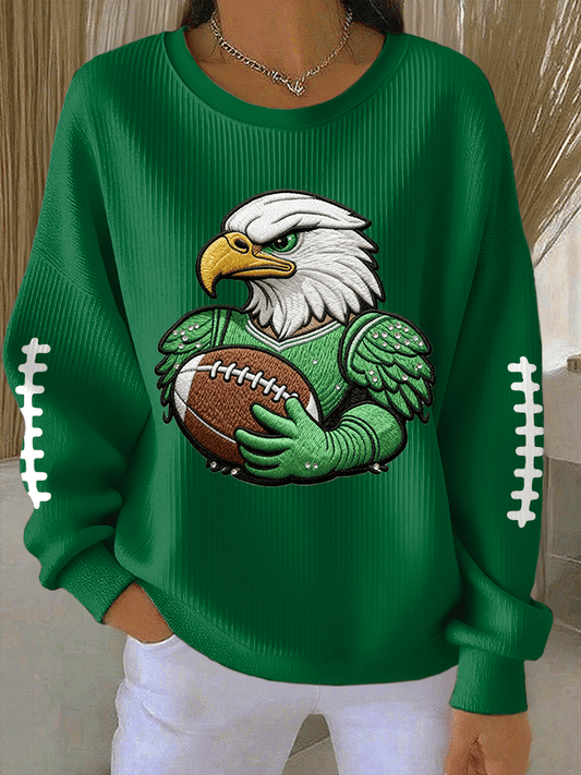 Women's Football Print Knit Crew Neck Long Sleeve Top