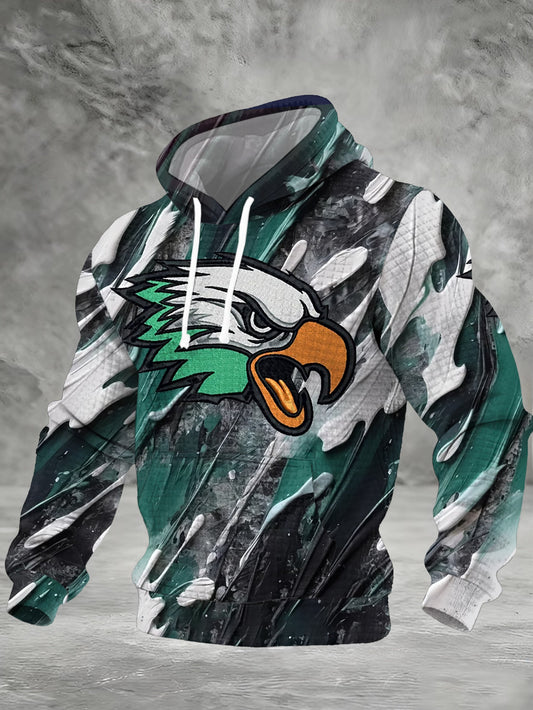 Men's Football Print Checkered Fabric Hooded Sweatshirt