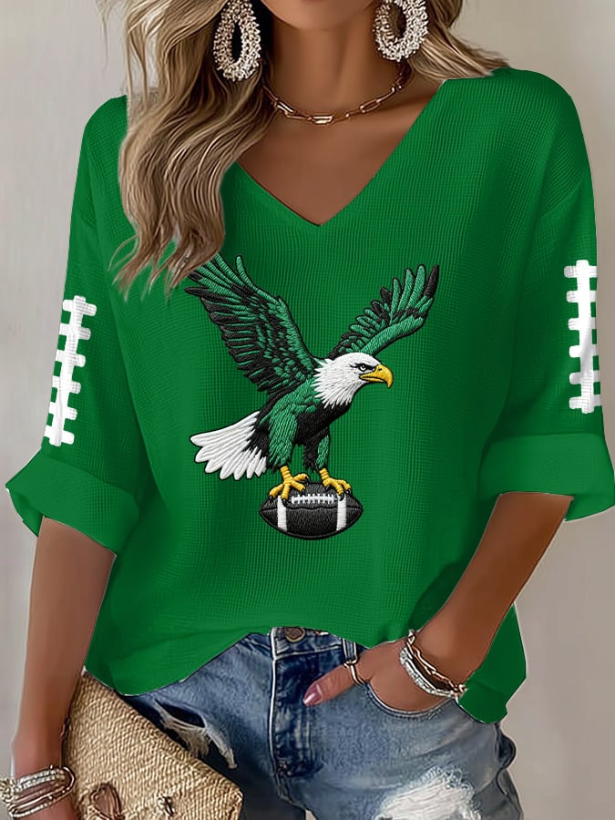 Women's Rugby Print Waffle Long Sleeve T-Shirt