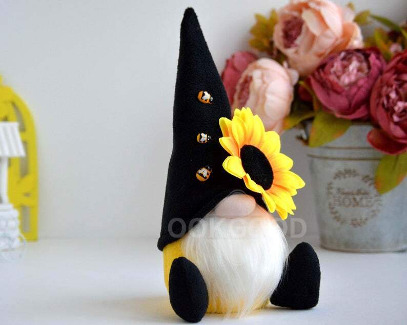 Handmade Plush Gnome With Sunflower And Bee For Holiday Gift
