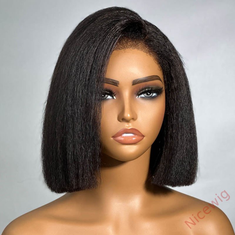 New Glueless Yaki Kinky Straight 200% Density Black Wig