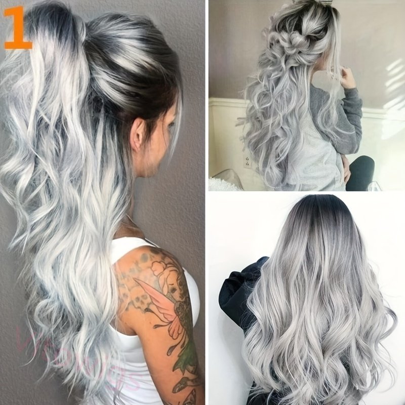 Fashion Ombre Black Light Gray Body Wave Wig 24-inch Curly Wave Long Wig