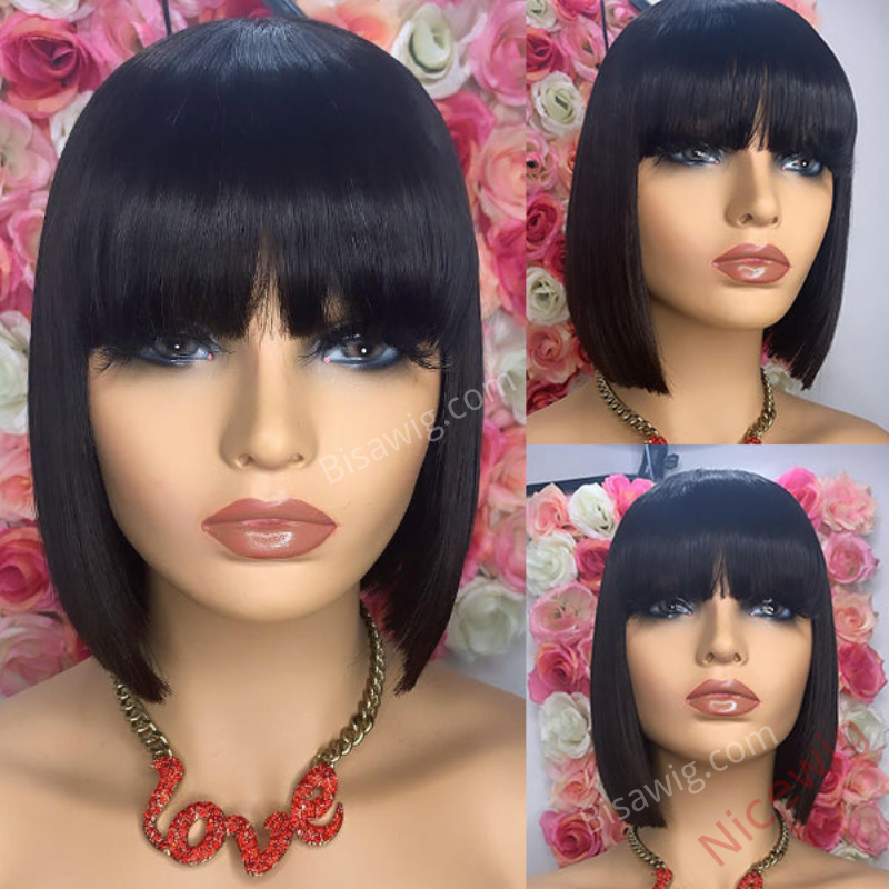 Glueless Short Bob Wig With Bangs Straight Brazilian Hair Wigs
