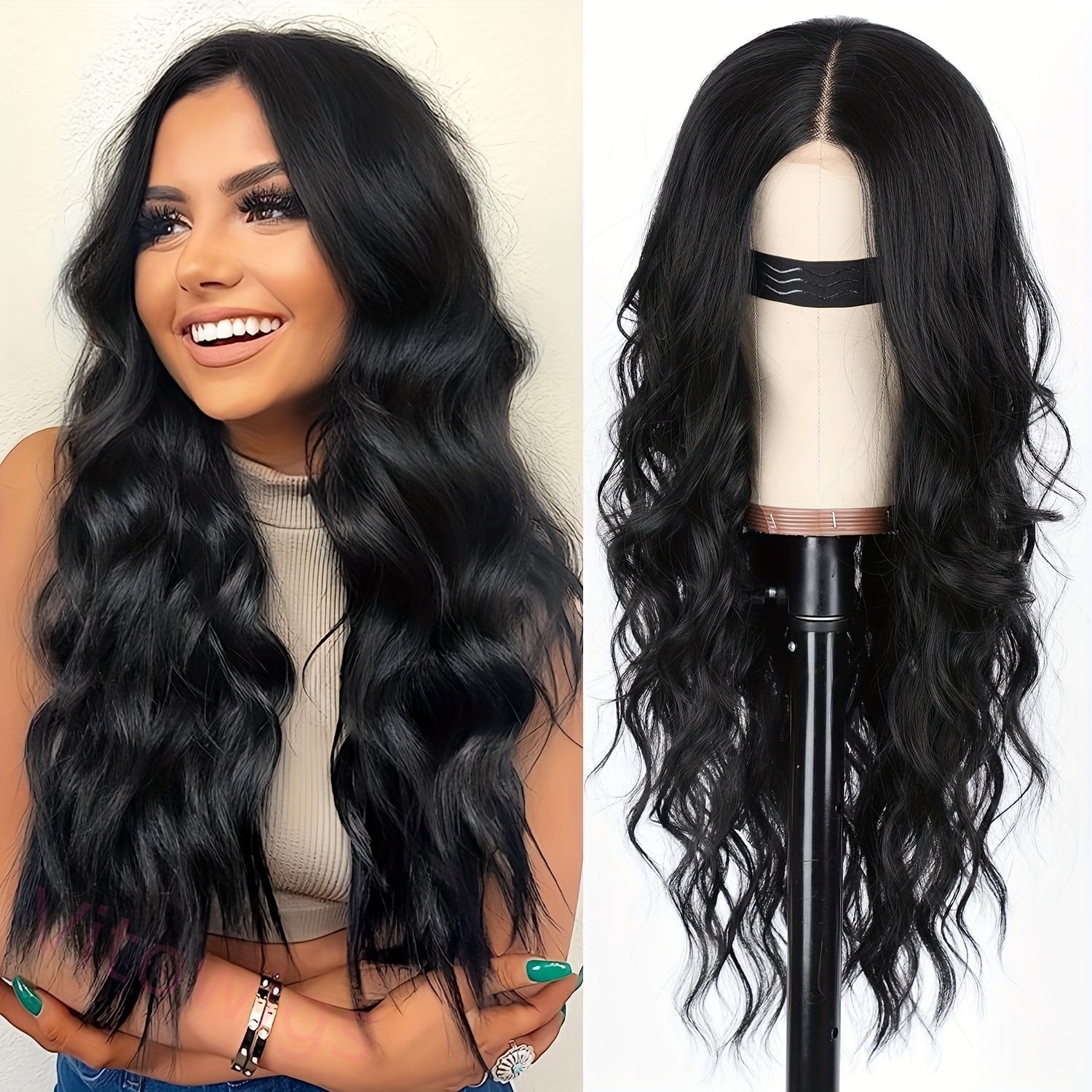 Fashion Ombre Black Light Gray Body Wave Wig 24-inch Curly Wave Long Wig