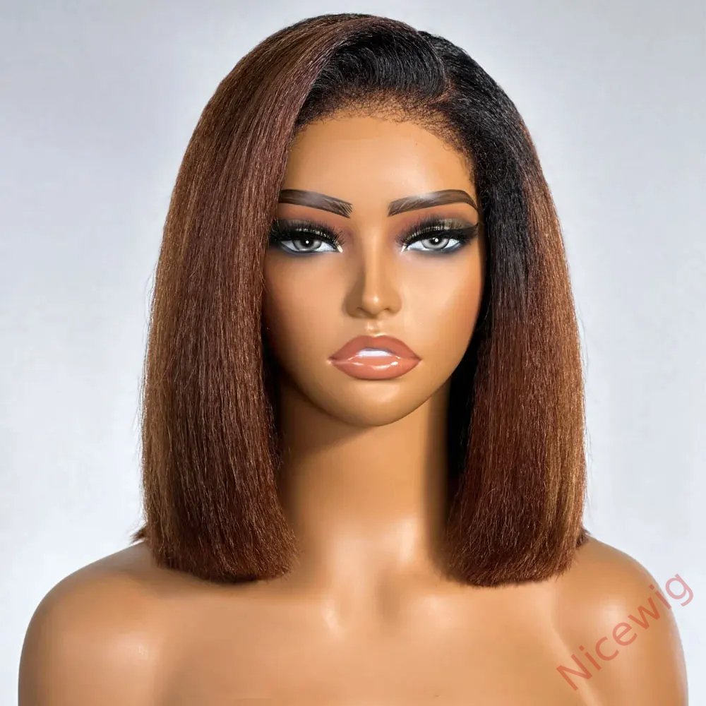 New Glueless Yaki Kinky Straight 200% Density Black Wig