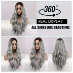 Fashion Ombre Black Light Gray Body Wave Wig 24-inch Curly Wave Long Wig