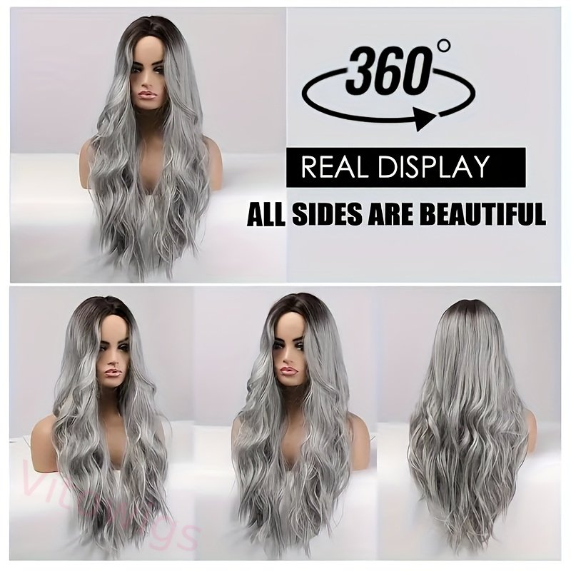 Fashion Ombre Black Light Gray Body Wave Wig 24-inch Curly Wave Long Wig