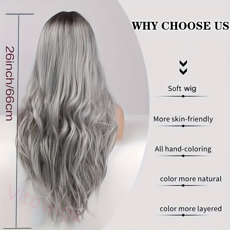 Fashion Ombre Black Light Gray Body Wave Wig 24-inch Curly Wave Long Wig